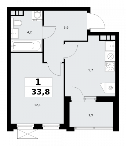 1-комнатная, 33.8 м²