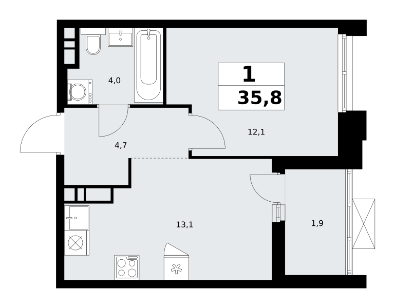 1-комнатная квартира №58К-7.1.4-629, 35,8 м² за 12,03 млн руб. в ЖК «Прокшино» - планировка