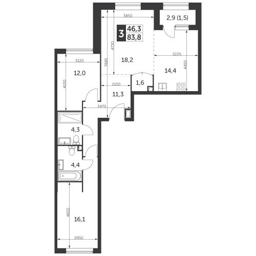3-комнатная, квартира, 83.8 м²