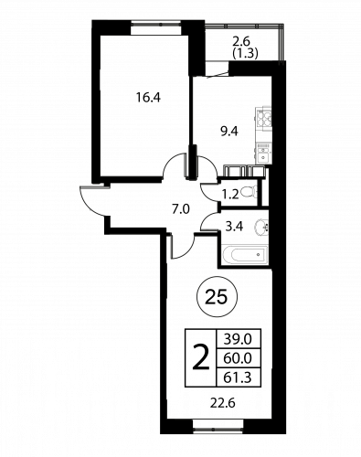 2-комнатная, квартира, 61.3 м²