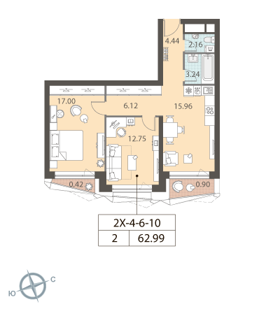 2-комнатная квартира №137605, 62,8 м² за 31,62 млн руб. в ЖК «Зиларт» - планировка