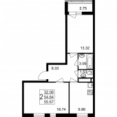 2-комнатная квартира 55,67 м²