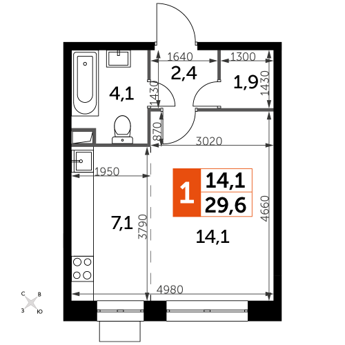 Студия, 29.6 м²