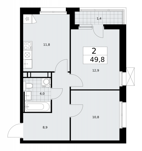 2-комнатная, 49.8 м²