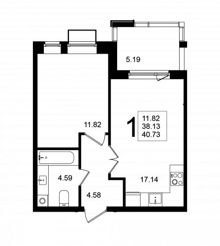 1-комнатная, квартира, 40.73 м²