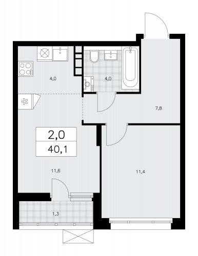 2-комнатная, 40.1 м²