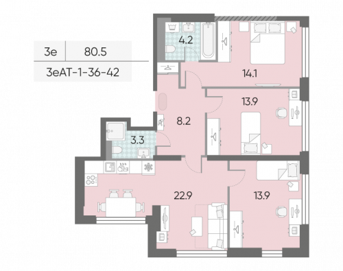3-комнатная, 80.5 м²