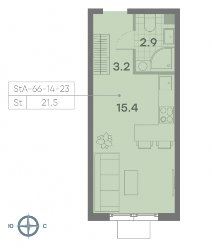 Студия, 21.5 м²