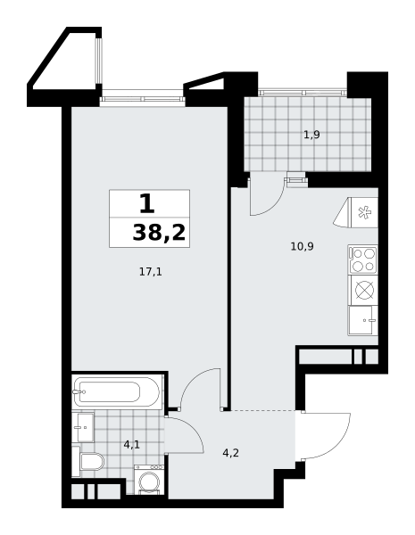 1-комнатная квартира №58К-7.1.3-520, 38,2 м² за 13,05 млн руб. в ЖК «Прокшино» - планировка