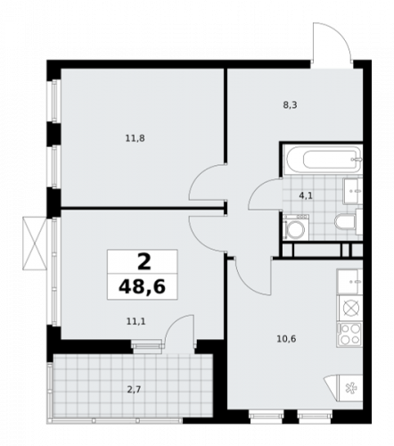 2-комнатная, 48.6 м²