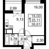 1-комнатная квартира 36.61 м²