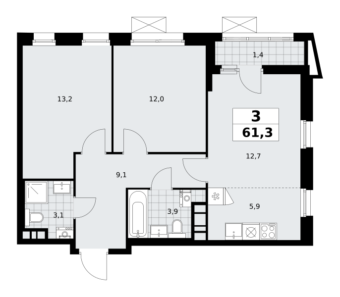 3-комнатная квартира №58К-7.1.1-147, 61,3 м² за 16,21 млн руб. в ЖК «Прокшино» - планировка