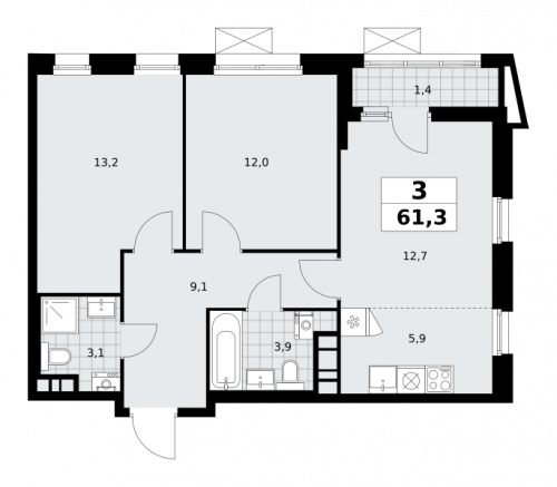 3-комнатная, 61.3 м²