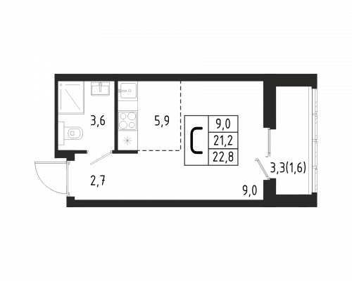 Студия, 22.8 м²