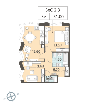 2-комнатная, квартира, 51 м²