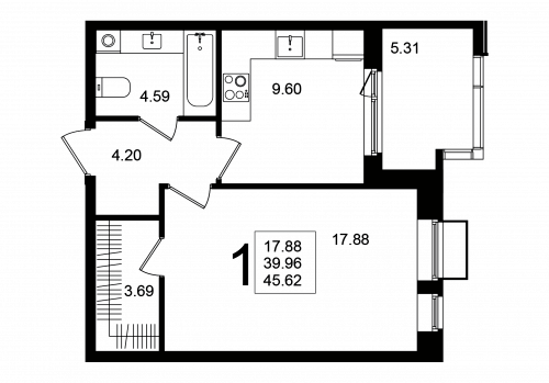 1-комнатная, квартира, 42.62 м²