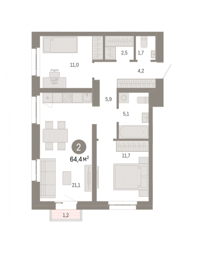2-комнатная, квартира, 64.4 м²