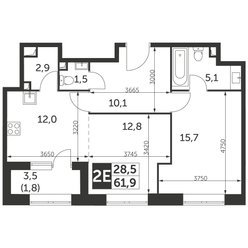 2-комнатная, квартира, 61.9 м²