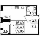 1-комнатная квартира 39.85 м²