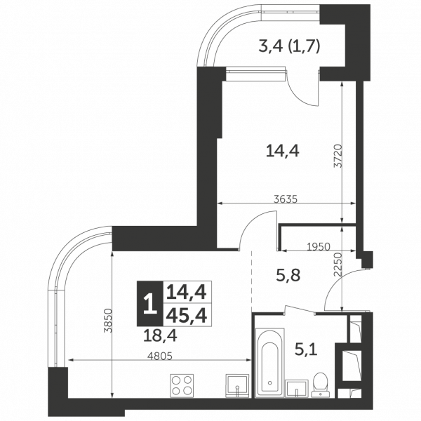 1 комната до 45.4
