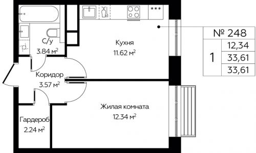 1-комнатная, 33.61 м²