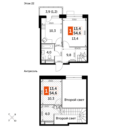 1-комнатная, 54.6 м²