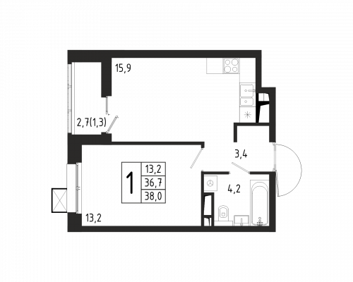 1-комнатная, квартира, 38 м²