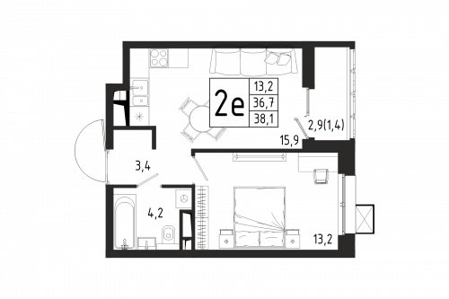 1-комнатная, квартира, 38.1 м²