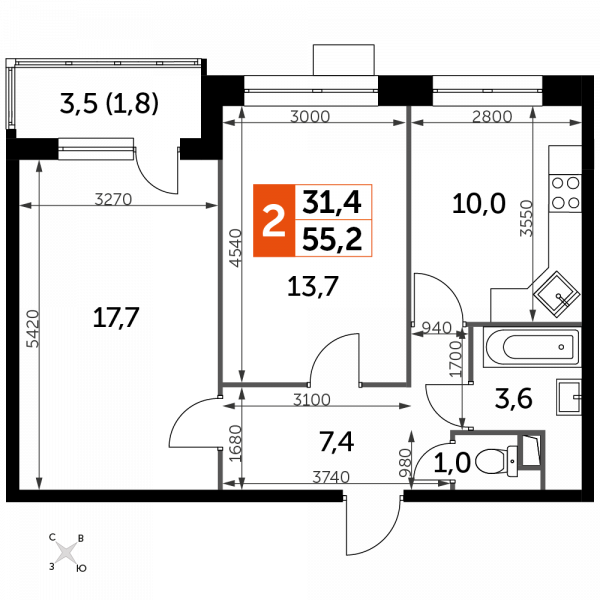 2 комнаты до 55.2