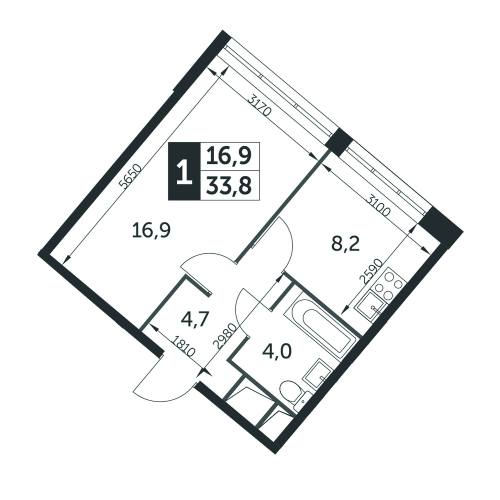 1-комнатная, квартира, 33.8 м²