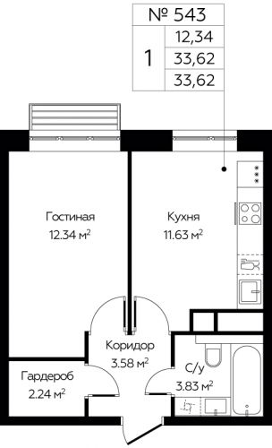 1-комнатная, 33.62 м²