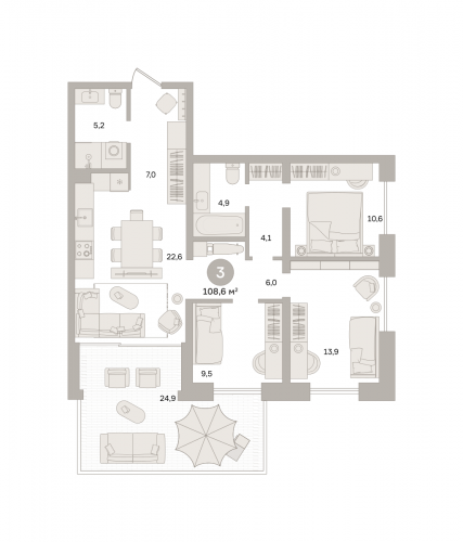 3-комнатная, квартира, 108.6 м²