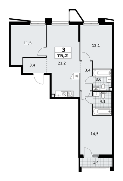 3-комнатная квартира №58К-7.1.2-197, 75,2 м² за 19,65 млн руб. в ЖК «Прокшино» - планировка