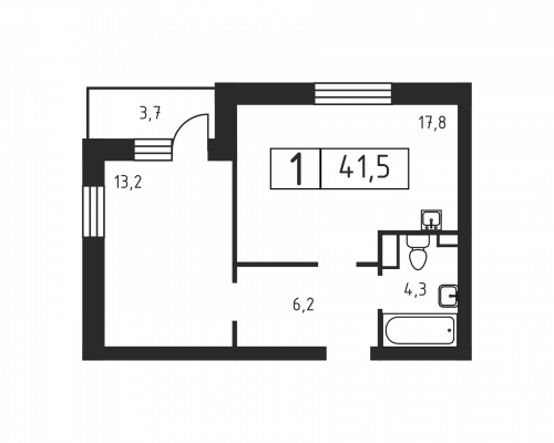 1-комнатная, 41.5 м²