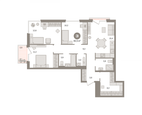 3-комнатная, квартира, 82.54 м²