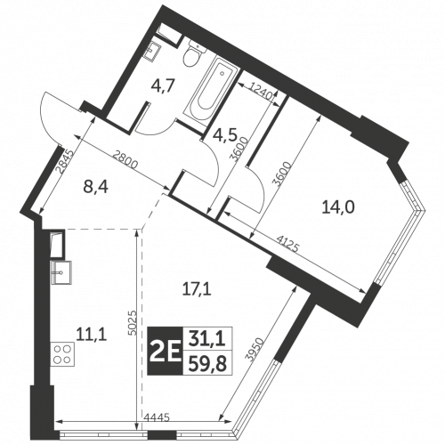 2-комнатная, квартира, 59.8 м²