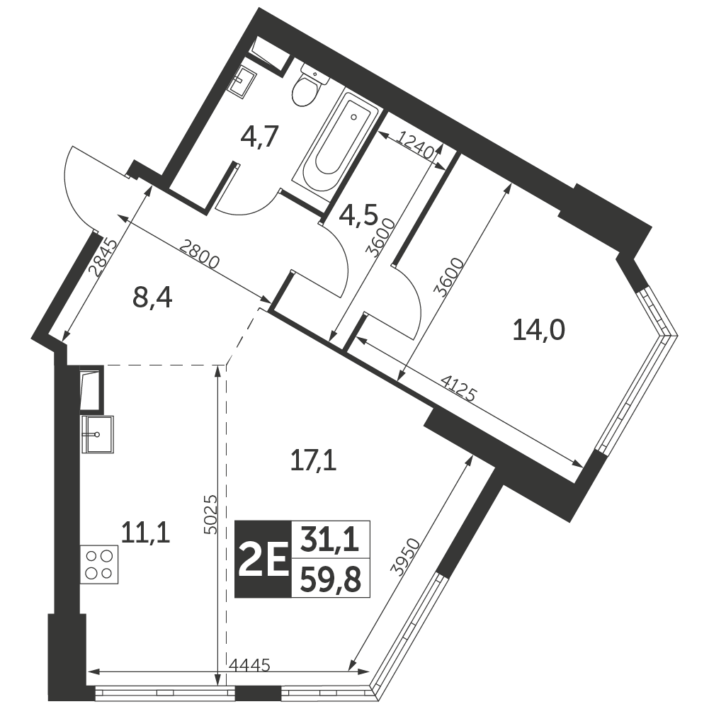 2-комнатная квартира №219, 59,8 м² за 25,52 млн руб. в ЖК «Архитектор» - планировка