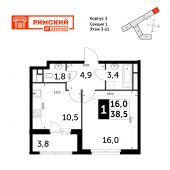 1-комнатная квартира 38,5 м²