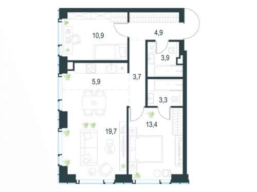 3-комнатная, 65.7 м²