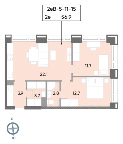 2-комнатная, квартира, 56.9 м²