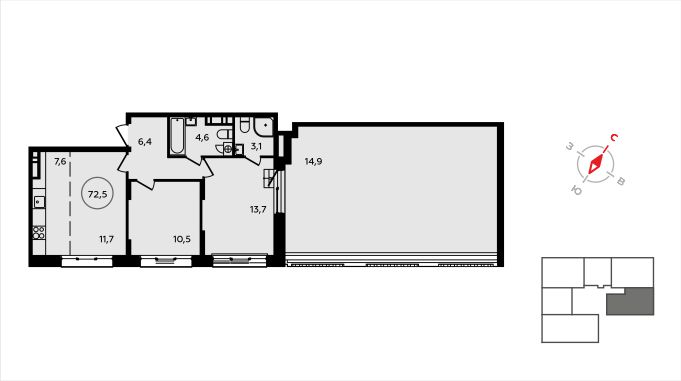 3-комнатная квартира №23К-22.2-221, 73,6 м² за 19,32 млн руб. в ЖК «Скандинавия» - планировка