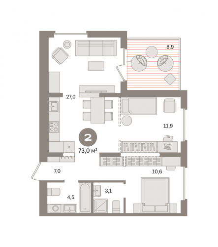 2-комнатная, квартира, 72.95 м²