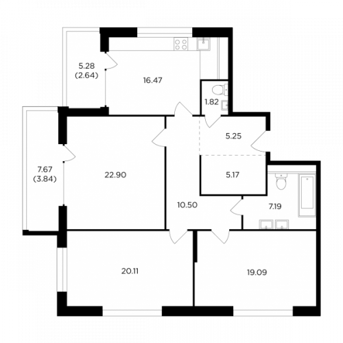 3-комнатная, 114.98 м²