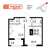 1-комнатная квартира 39,2 м²