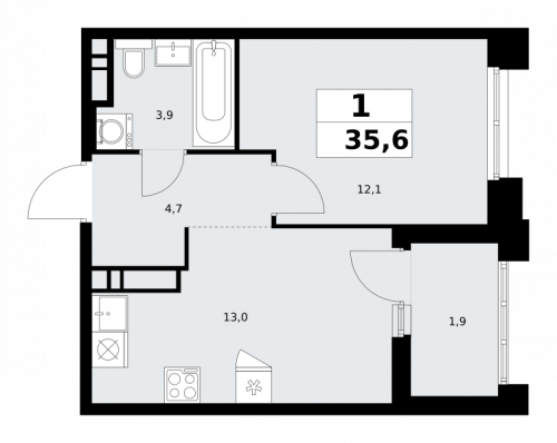 1-комнатная, 35.6 м²