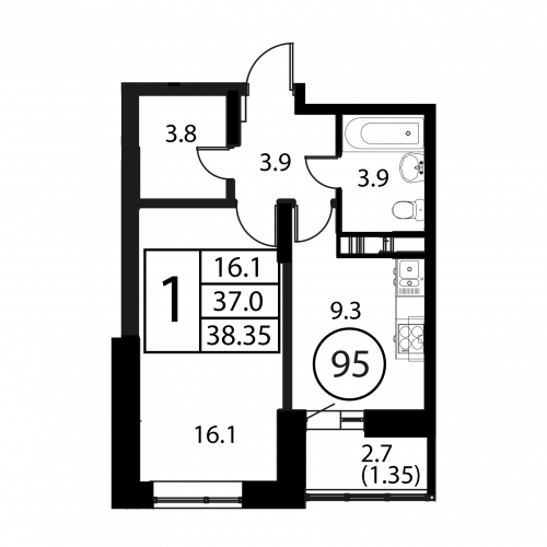 1-комнатная, квартира, 38.35 м²