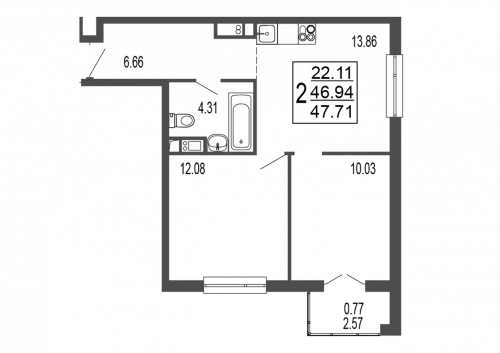 2-комнатная, квартира, 48.68 м²