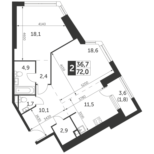 2-комнатная, квартира, 72 м²