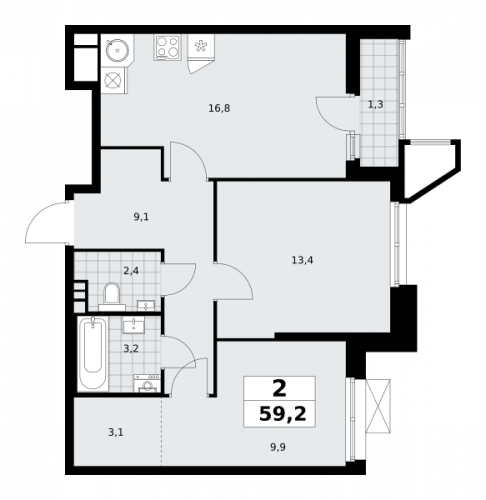 2-комнатная, 59.2 м²