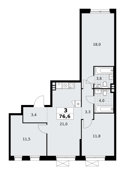 3-комнатная квартира №58К-7.1.1-10, 76,6 м² за 18,83 млн руб. в ЖК «Прокшино» - планировка